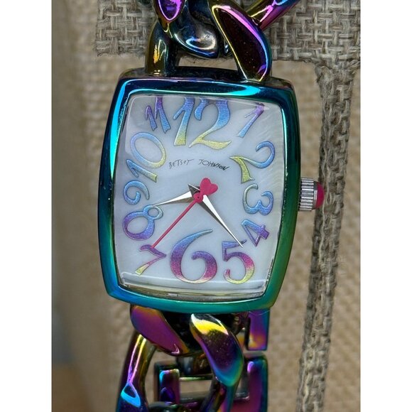 Betsey Johnson Womens Iridescent Oil Slick Chain Link Watch With Square Face - Picture 12 of 12